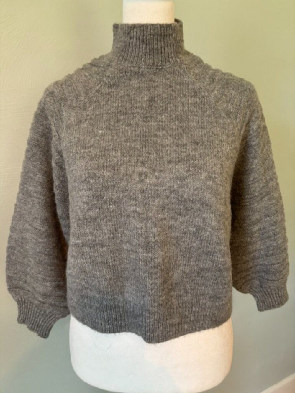 Zara Grey Mock Neck Raglan & Balloon Sleeve Wool Blend Knit Sweater Size Small